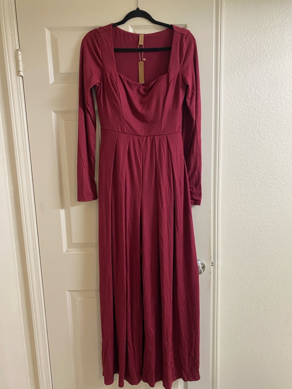 Women's Long Sleeve Burgundy Jumpsuit with Draped Neckline
